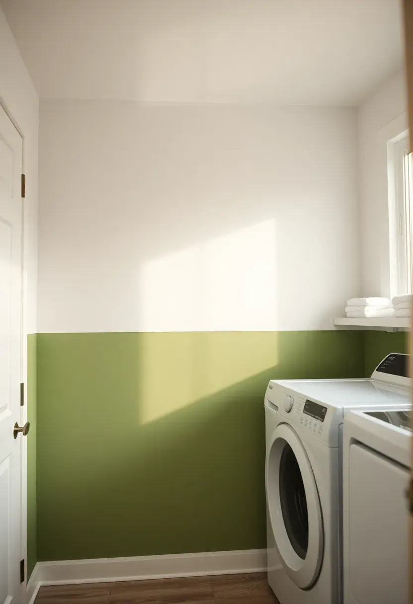 Laundry room with two-tone paint divided by a white chair rail, sage green on the lower half and white above, with stacked machines