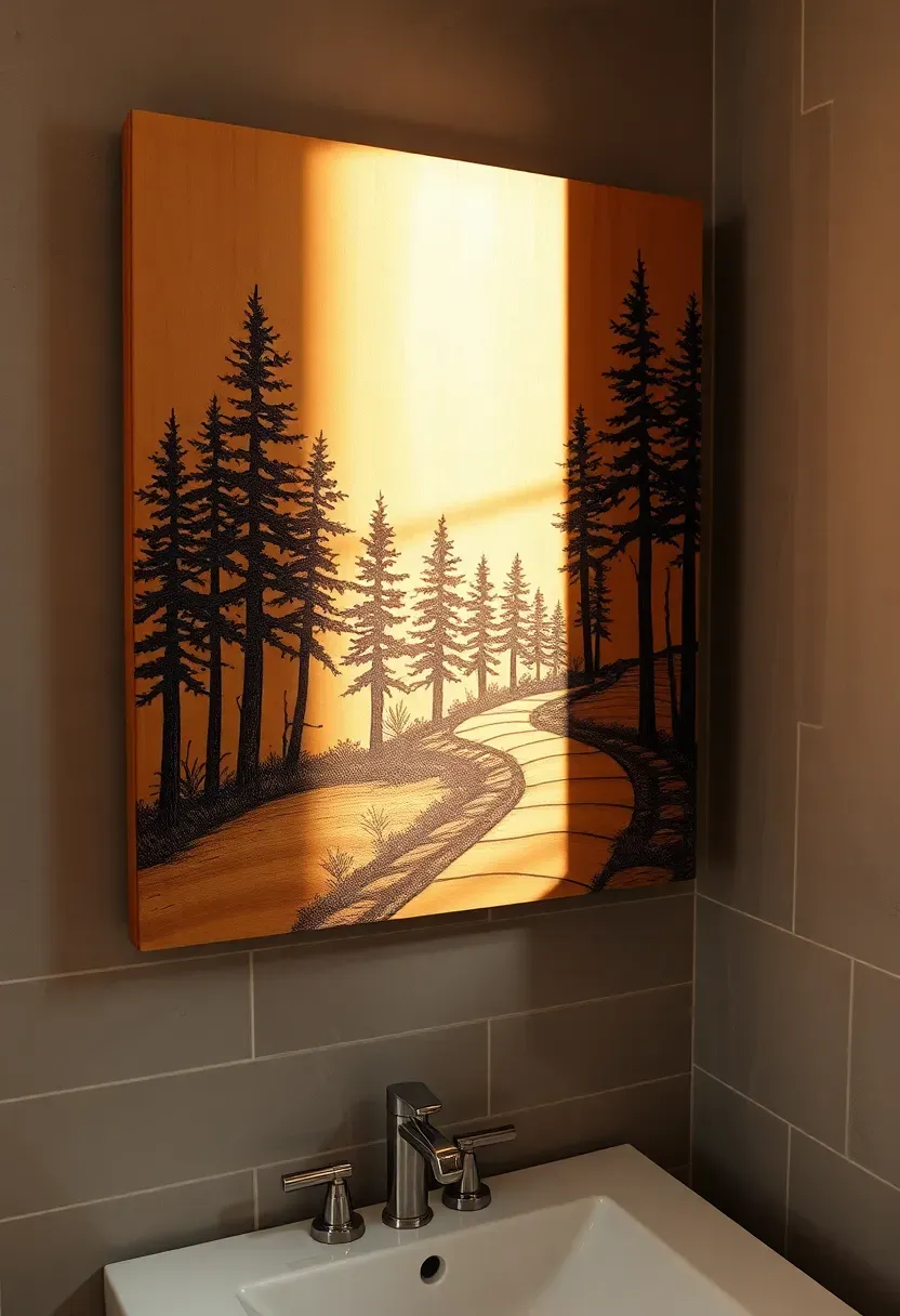 Wood-burned bathroom art panel showing a detailed forest scene on sealed maple board mounted above a vanity