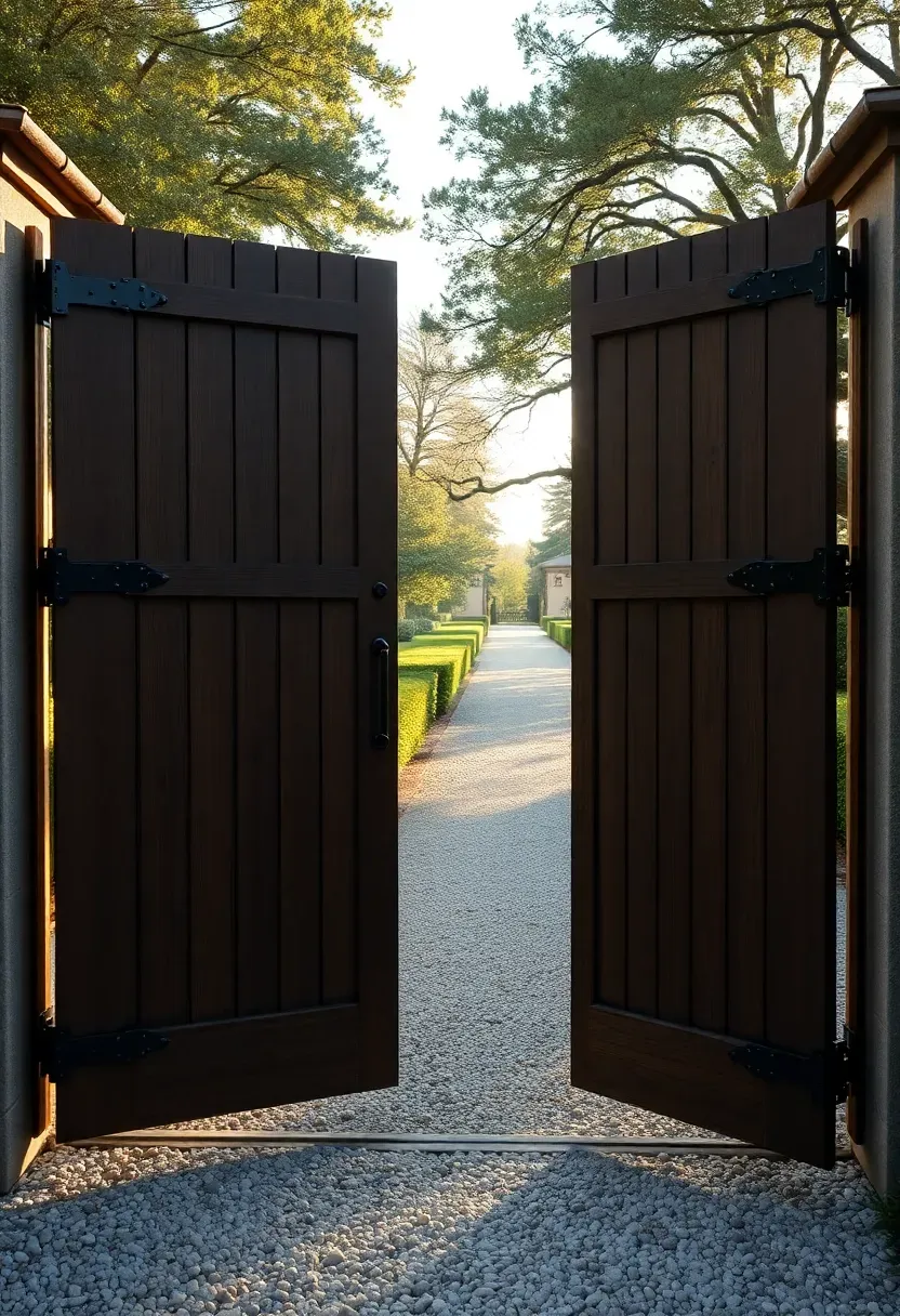 Wide double swing driveway gate in dark wood with black metal hardware opening onto a gravel driveway and garden