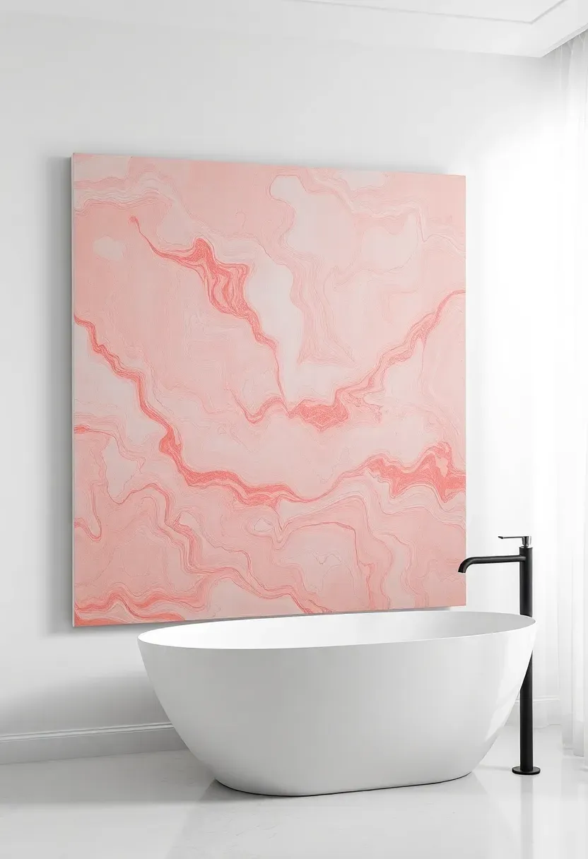 Large abstract acrylic pour painting with swirling dusty rose pink and warm gray on canvas in a minimalist modern bathroom