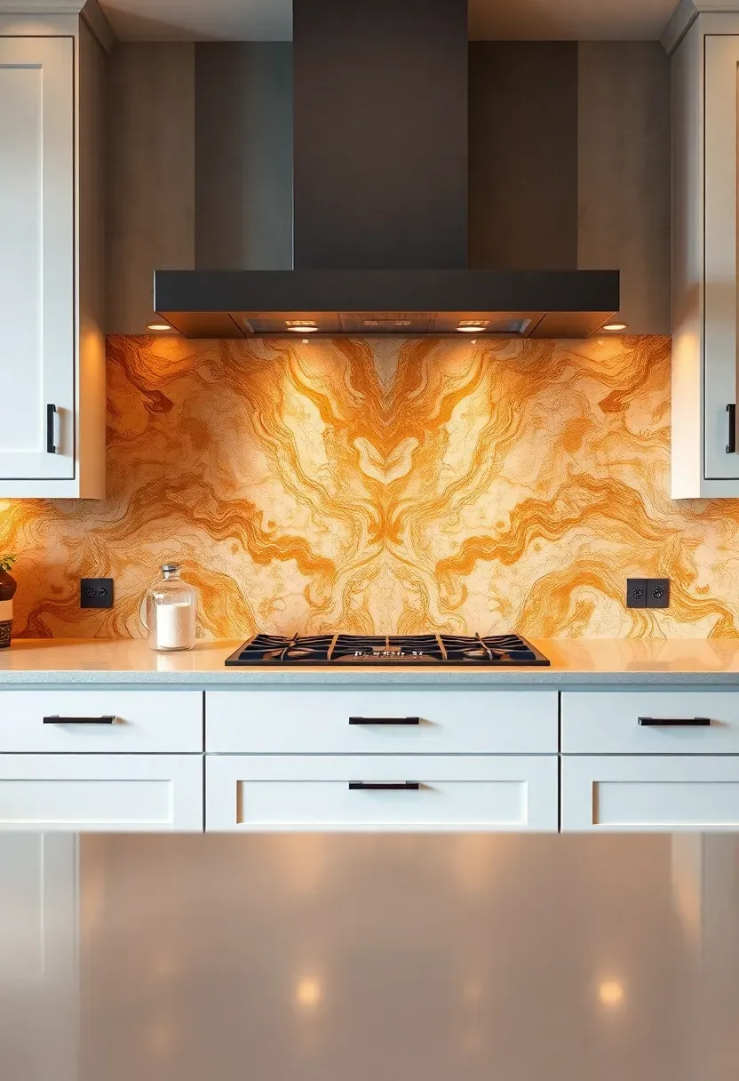 bookmatched quartzite slab backsplash with dramatic veining in a luxury kitchen with integrated range hood