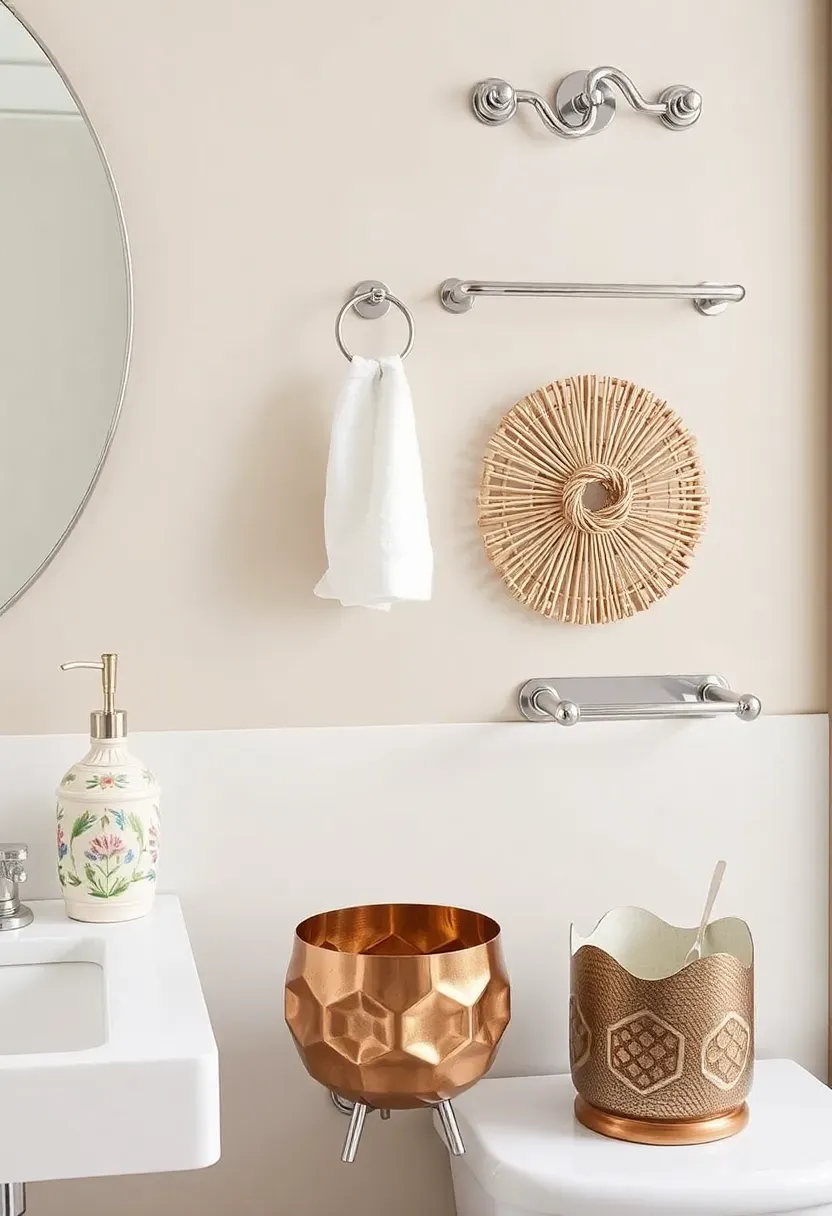 Ceramic soap dispenser brushed metal towel hook and rattan shower caddy styled together on a bathroom counter