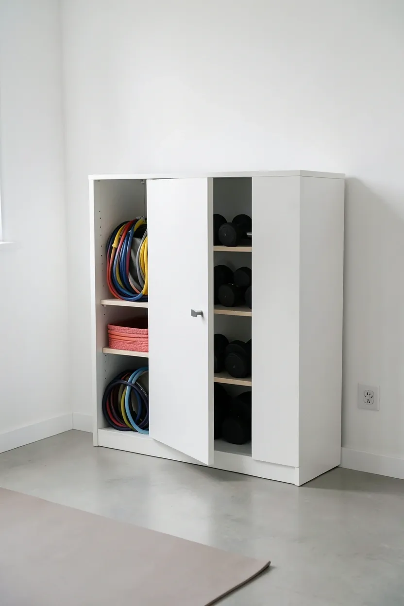 White freestanding cabinet with closed doors concealing workout equipment in a clean minimalist home gym — clutter-free rental apartment fitness storage idea