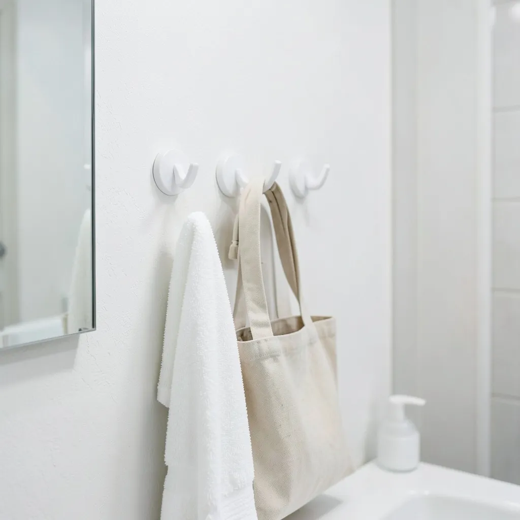 Three white Command hooks mounted on bathroom wall for storage