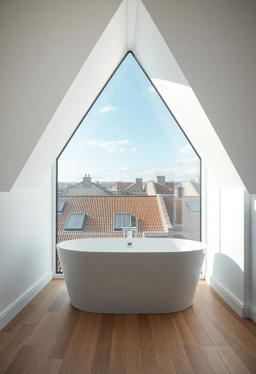 Attic bathroom with a full-width floor-to-ceiling glass gable end wall framing a view of rooftops and sky, white soaking tub positioned directly in front of the glass for panoramic bathing views