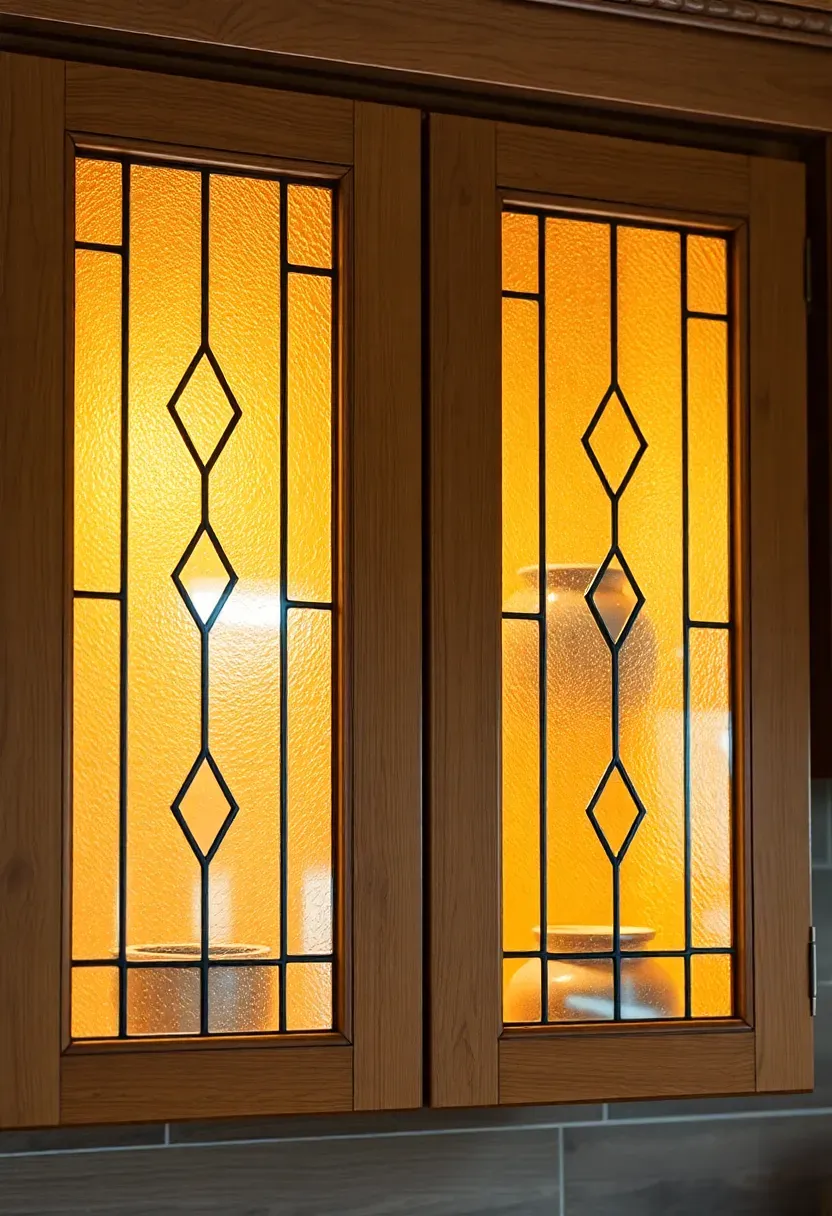 Leaded glass cabinet doors with simple geometric diamond pattern in a craftsman kitchen
