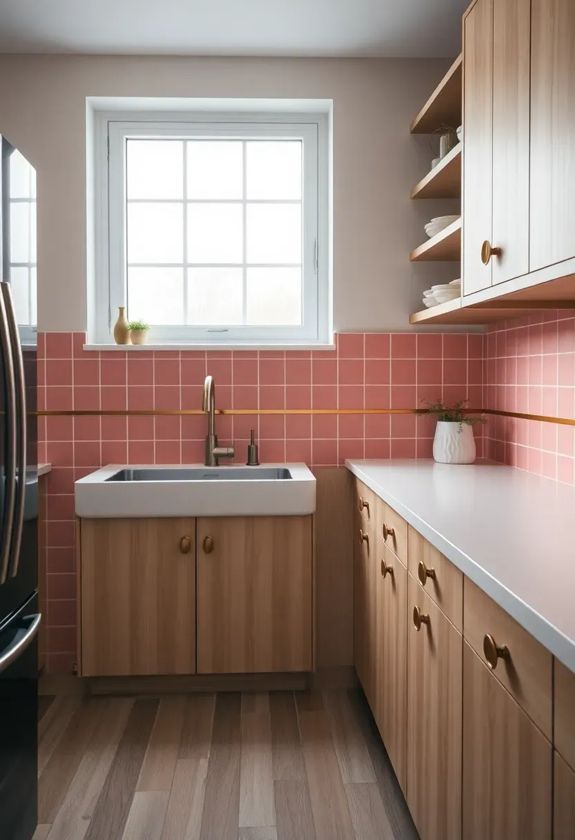 color-blocked ceramic tile backsplash in dusty pink and terracotta in a Scandinavian kitchen with light wood cabinets