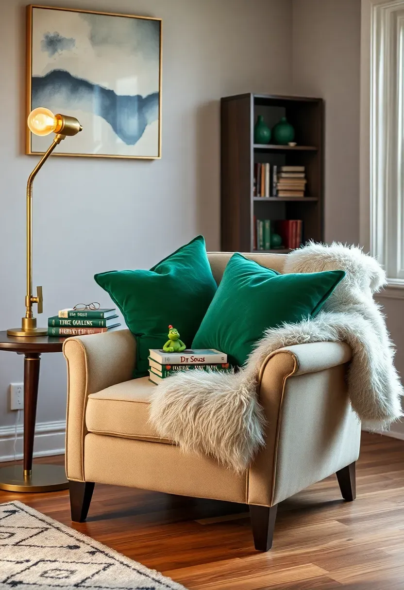 Hyper-realistic wide shot of a living room corner with a beige armchair adorned with three emerald green velvet throw pillows of varying sizes, fluffy white faux fur throw blanket draped over armrest, dark wood side table with stack of vintage books including Dr. Seuss titles, small ceramic Grinch figurine, brass floor lamp with warm bulb casting cone of light. Light gray walls with abstract art above chair, hardwood floor with area rug partially visible, bookshelf in background with green accents. Materials: velvet, faux fur, wood, brass. Warm ambient lighting from floor lamp creating cozy intimate atmosphere, soft shadows on wall. Peaceful reading mood. Shallow depth of field focusing on chair vignette while showing full corner and room context including window. No text, no logos, no watermarks.</p>