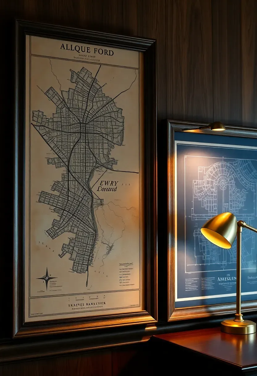 framed vintage city map and architectural blueprint displayed on a study wall with warm lighting
