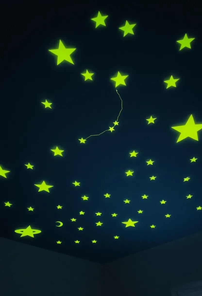 dark basement playroom ceiling covered with glow-in-the-dark star decals and constellation patterns