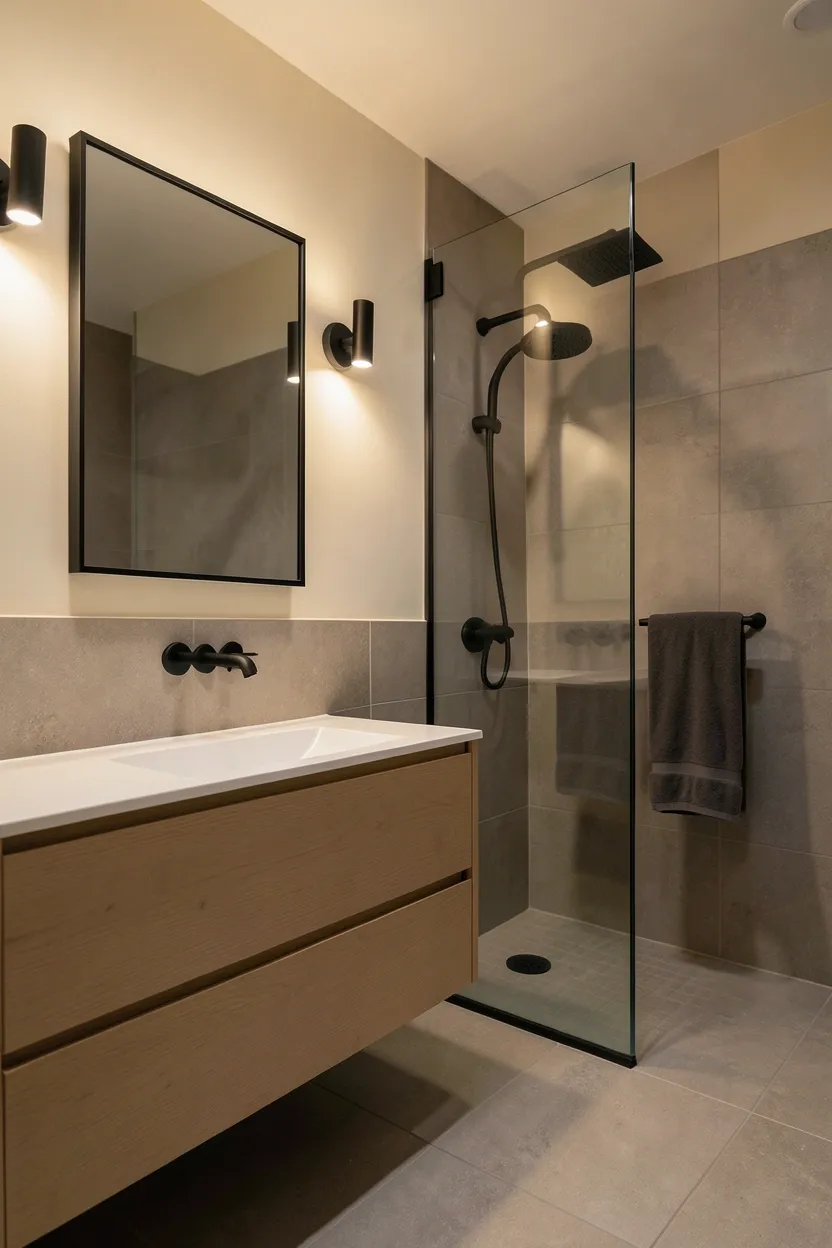 Hyper-realistic 3/4 view of a modern bathroom with matte black hardware accents against warm neutral background. Large format warm gray tiles on floor and lower walls, cream paint above. Light oak vanity with matte black wall-mounted faucet and matte black drawer pulls. Matte black shower head visible through frameless glass enclosure. Matte black towel bar holds charcoal gray towels. Mirror with simple black frame. Warm ambient lighting from matte black sconces. Clean minimalist surfaces. No text, no logos, no watermarks.</p>
