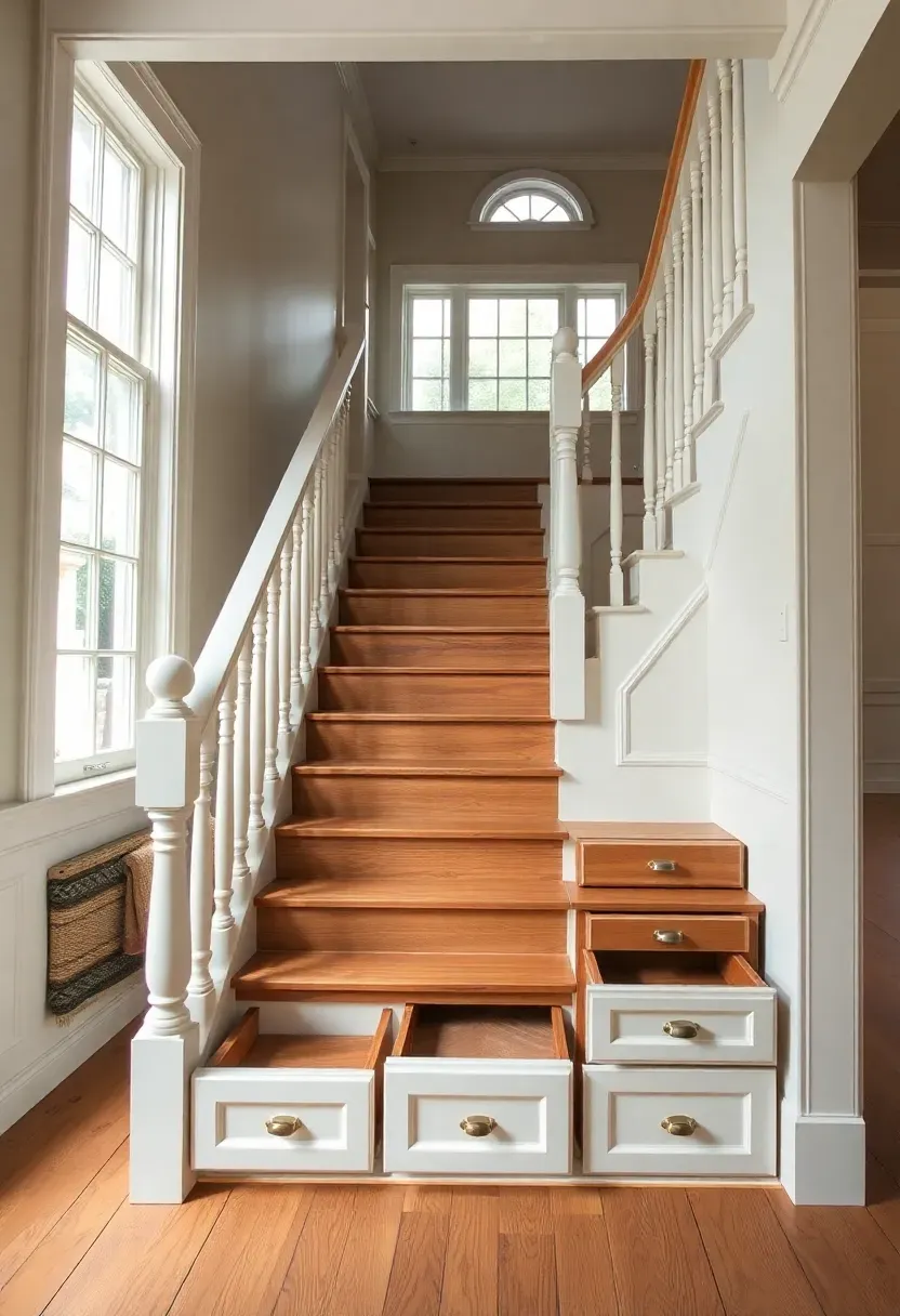 Hyper-realistic 3/4 view of colonial staircase with storage integration. Staircase features turned balusters, hand-hewed newel post, closed risers; lower steps show pull-out drawer mechanisms and cabinet door access. Materials: painted white staircase components, natural oak treads, cream walls with crown molding, wide-plank floors. Ambient light from multi-pane window landing, highlighting architectural details and storage access points. Shallow depth of field showing turned baluster details and drawer hardware. Visible room context—living area below, loft opening above. Functional colonial mood.</p>