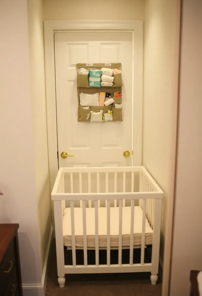 Narrow mini crib tucked behind bedroom door with over-door diaper organizer in a small rental apartment nursery zone