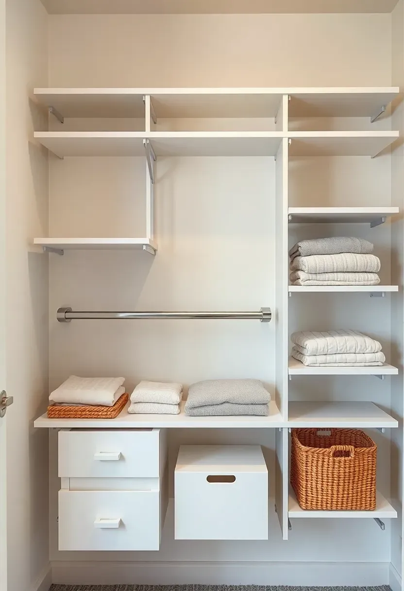 modular nursery closet system with adjustable shelves, rods, and drawer units that can be reconfigured as the child grows