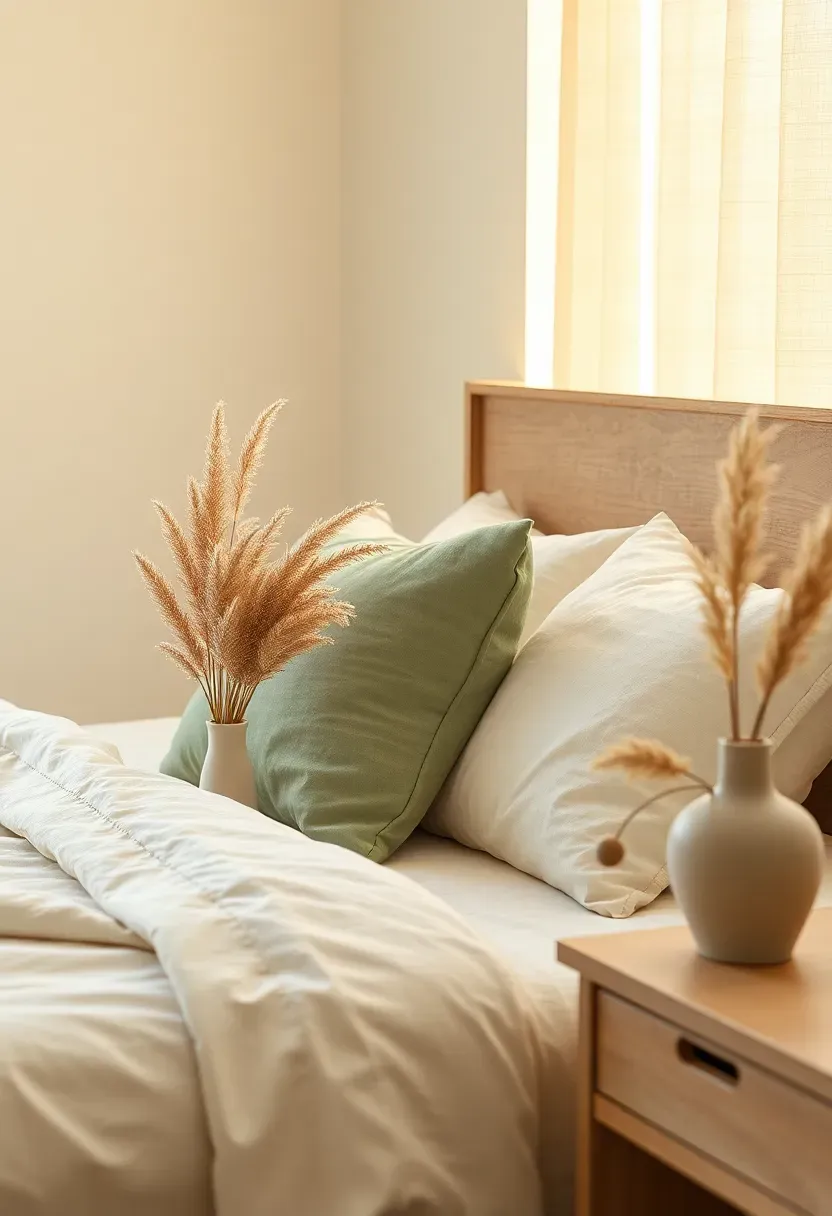 Sage green pillows with dried pampas grass