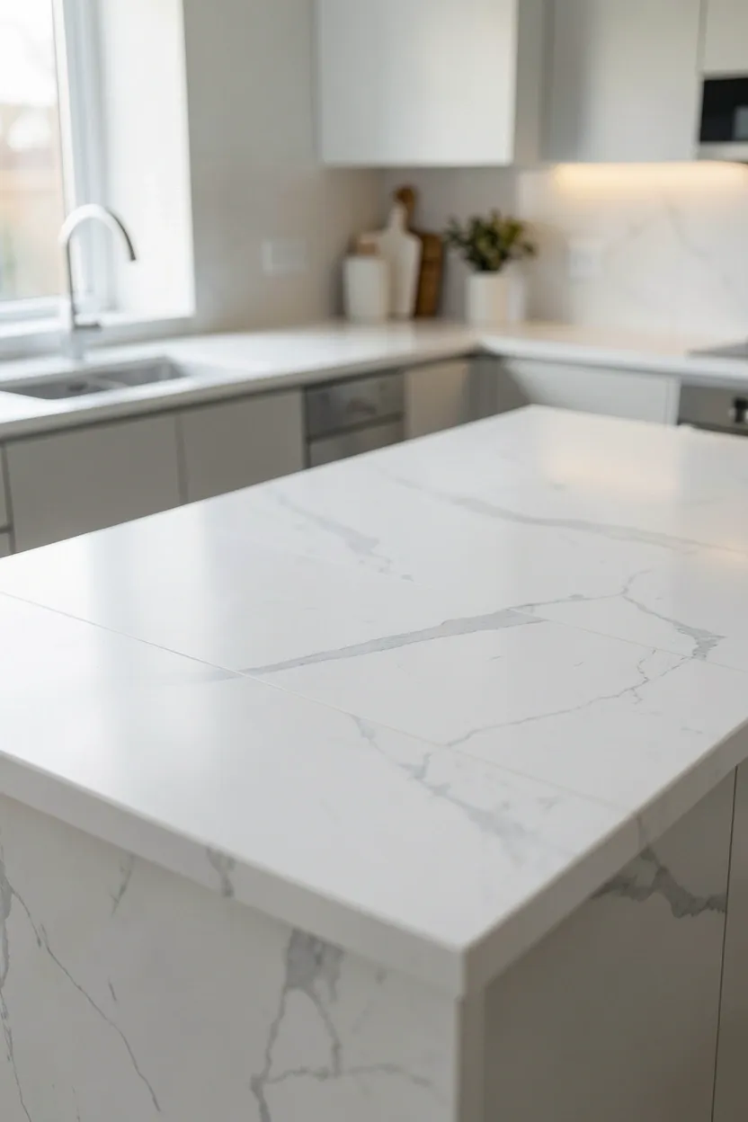 Large format porcelain slab countertop with subtle marble-like veining in a modern Scandinavian kitchen — seamless surface with minimal visible joints