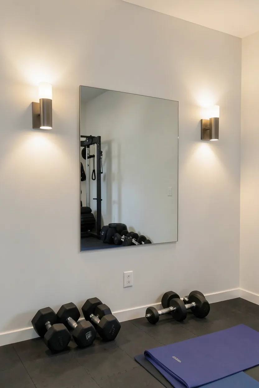 Backlit mirror with integrated LED perimeter lighting mounted in a small home gym for ambient illumination and form checks