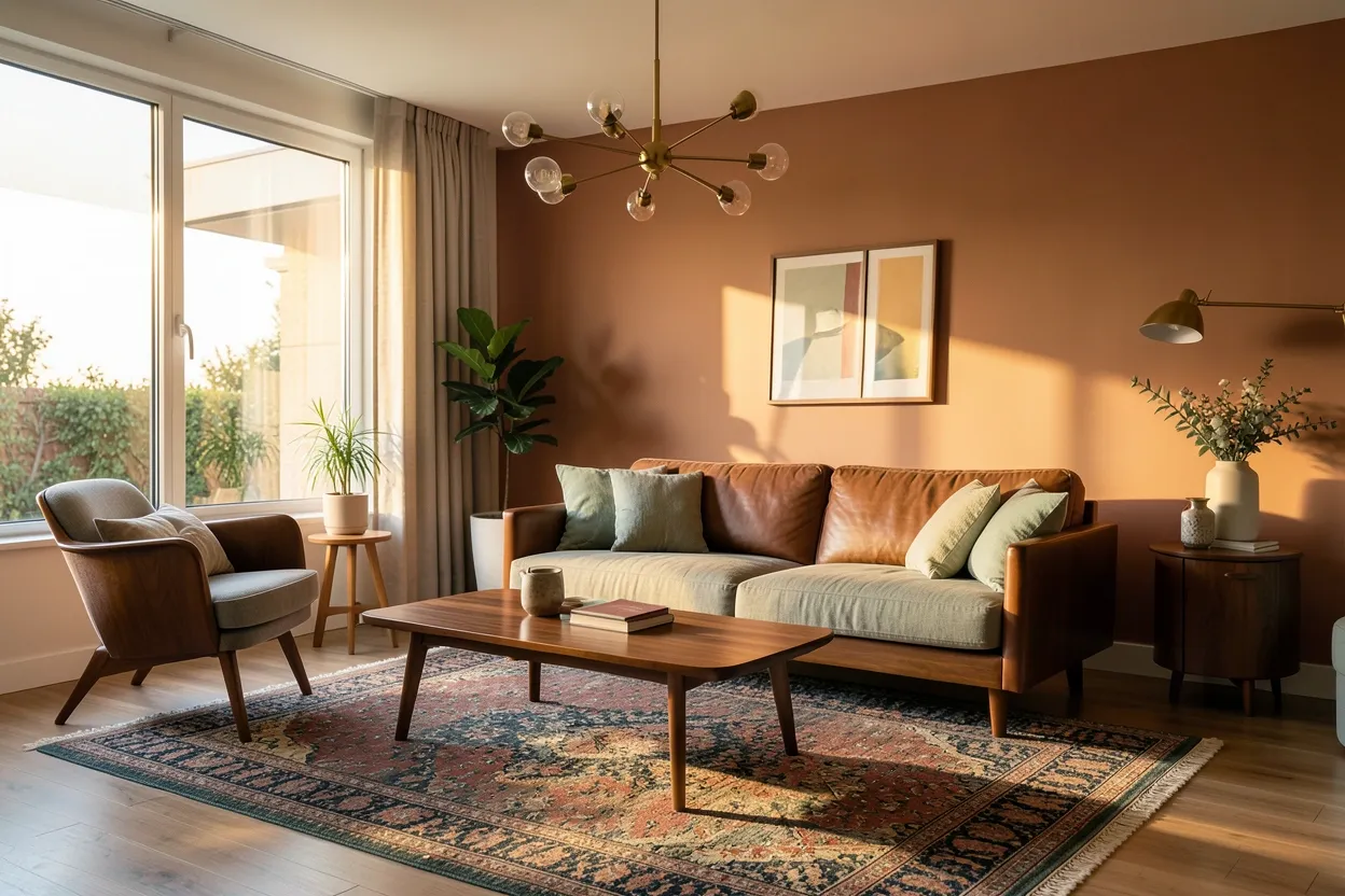 Modern vintage living room with mid-century sofa, brass lamp, and layered Persian rug in a rental apartment