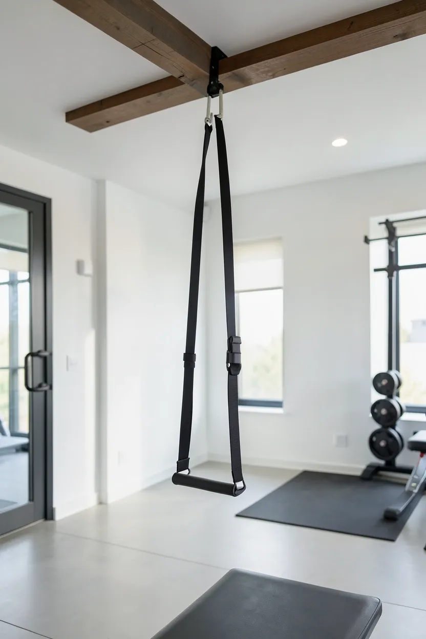 Suspension trainer straps mounted to a door anchor in a compact apartment room — renter-friendly no-drill bodyweight training equipment