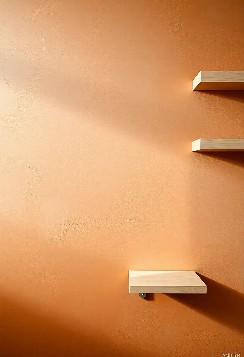 Kitchen wall with warm dusty terracotta limewash plaster texture, natural imperfection visible in the surface, white countertop and simple open shelf in soft morning light