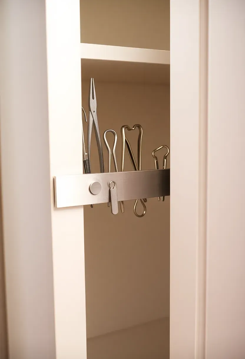 Magnetic strip mounted inside a bathroom cabinet door holding tweezers, bobby pins, and nail clippers