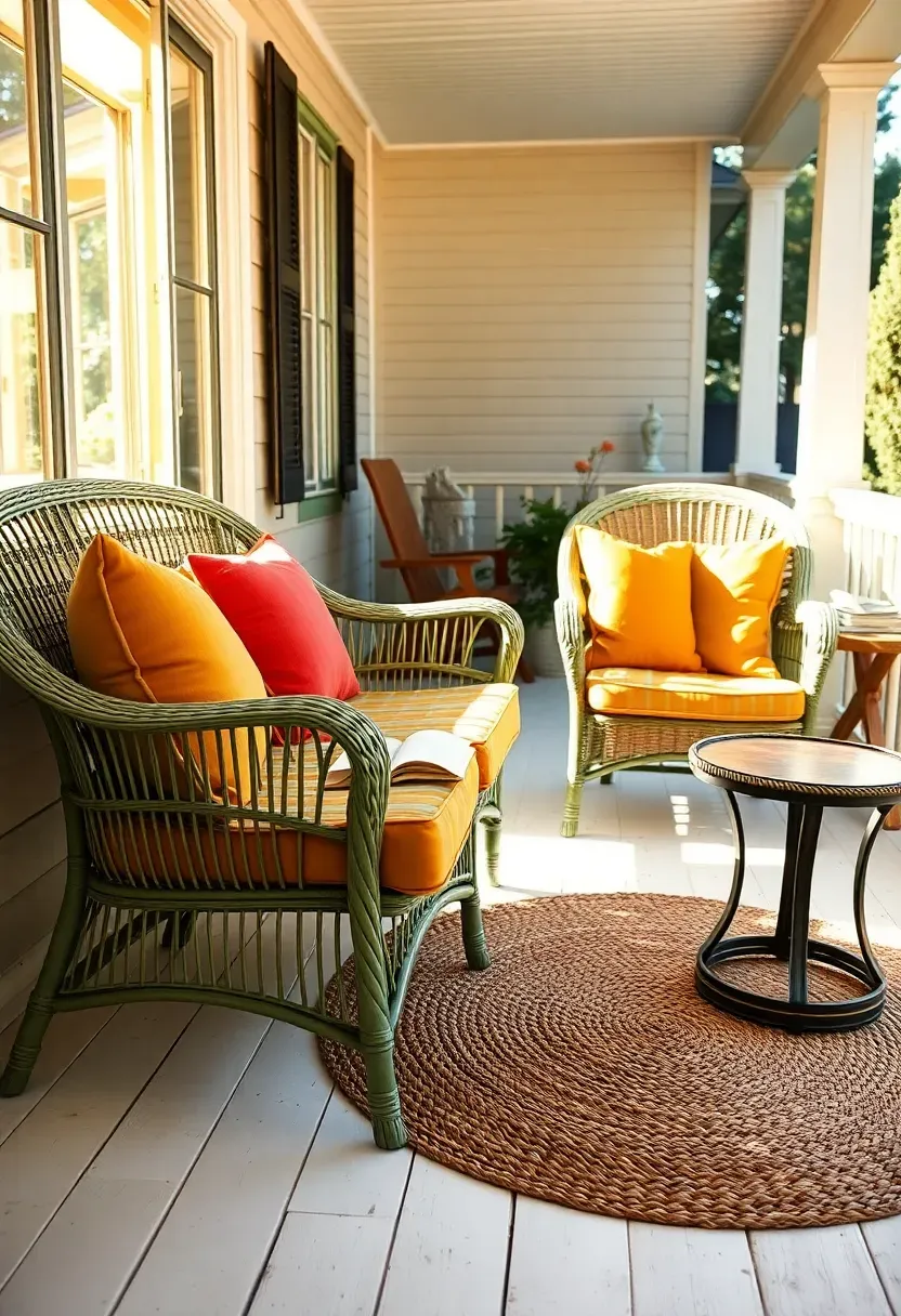 Restored vintage wicker furniture on a sunlit back porch with colorful throw pillows and a jute rug