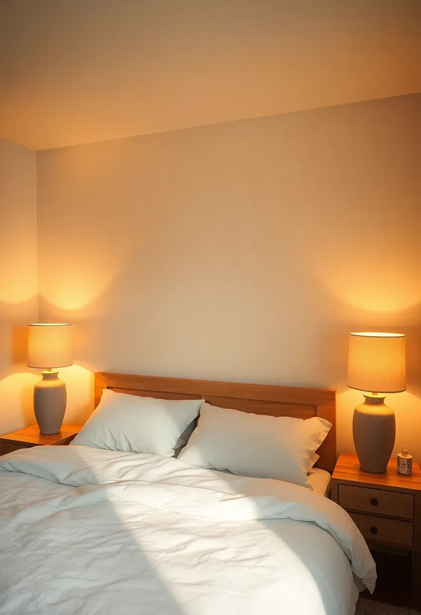 Layered warm white lighting with ambient ceiling light and bedside lamps
