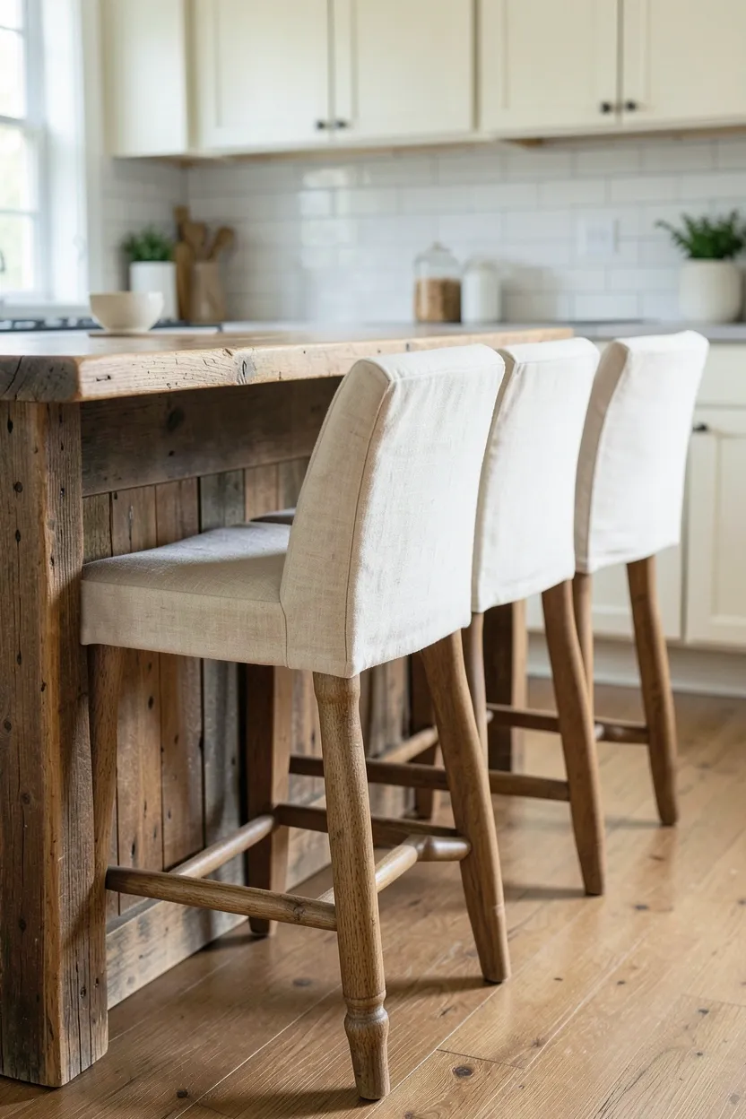 Natural linen slipcovered bar stools with turned wood legs at a butcher block kitchen island
