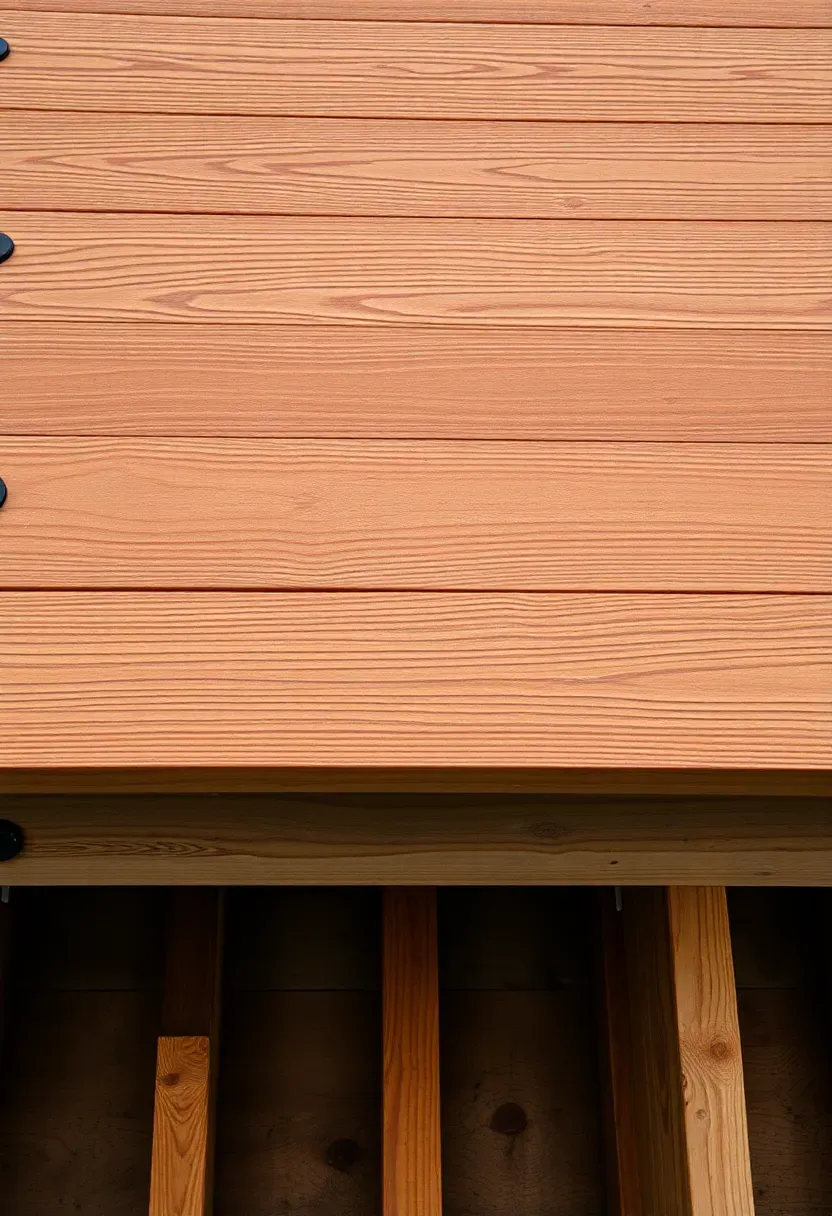 Composite decking in a warm brown tone installed over old wood framing with clean edges and hidden fasteners