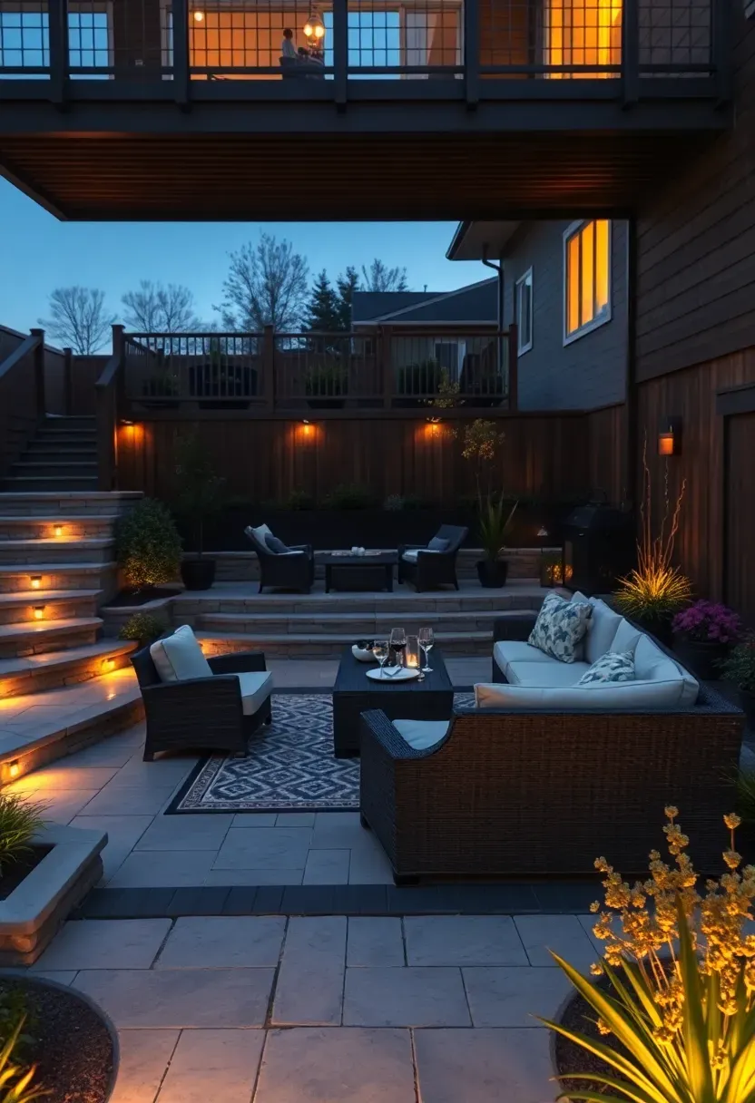 Multi-level backyard outdoor living space with an upper dining deck, mid-level lounge area with sectional sofa, and lower level garden with landscape lighting