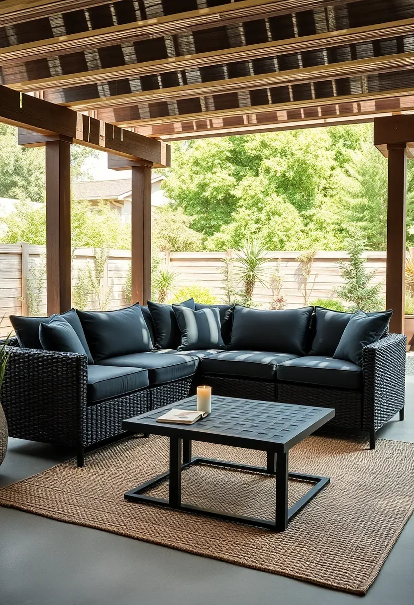 An L-shaped wicker sectional sofa with gray cushions on a covered backyard patio with an outdoor rug and coffee table