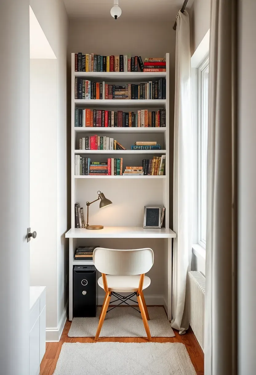 Hyper-realistic 3/4 view of small apartment reading nook with tall narrow bookcase, wall-mounted shelves above desk, compact chair, small lamp. Materials: white bookcase, floating shelves, mixed books, compact chair, light rug. Natural light from window (diffused daylight), soft shadows. Efficient use of vertical space, sharp details, cozy small-scale design, visible apartment context. No text, no logos, no watermarks.</p>