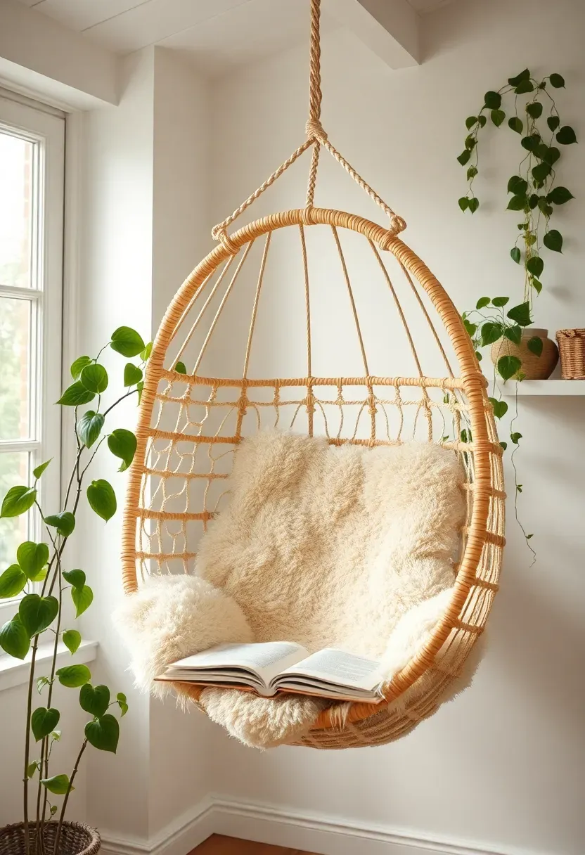 Macrame hanging egg chair suspended from a sunroom ceiling beam with a sheepskin throw and open book, surrounded by trailing pothos plants