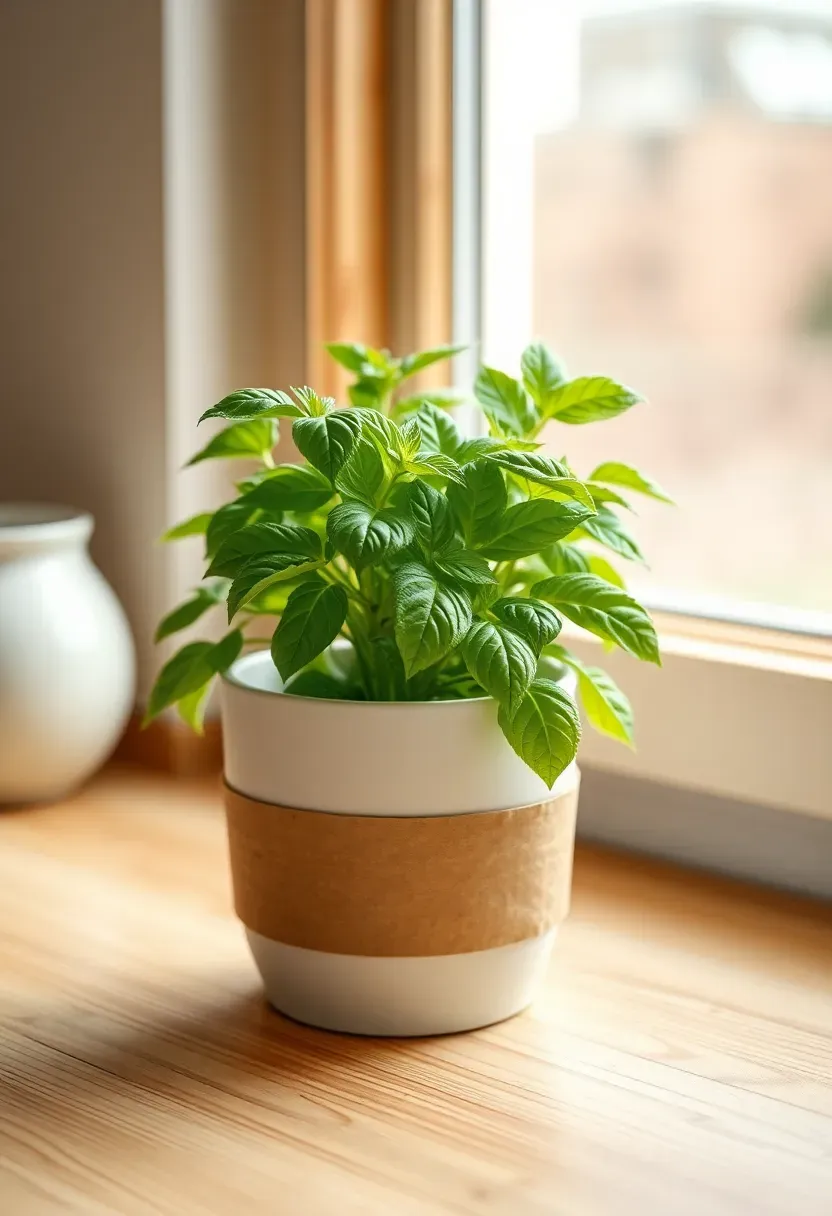 small potted basil plant in a white ceramic pot with a printed label reading thanks for showering our little one on a garden themed table