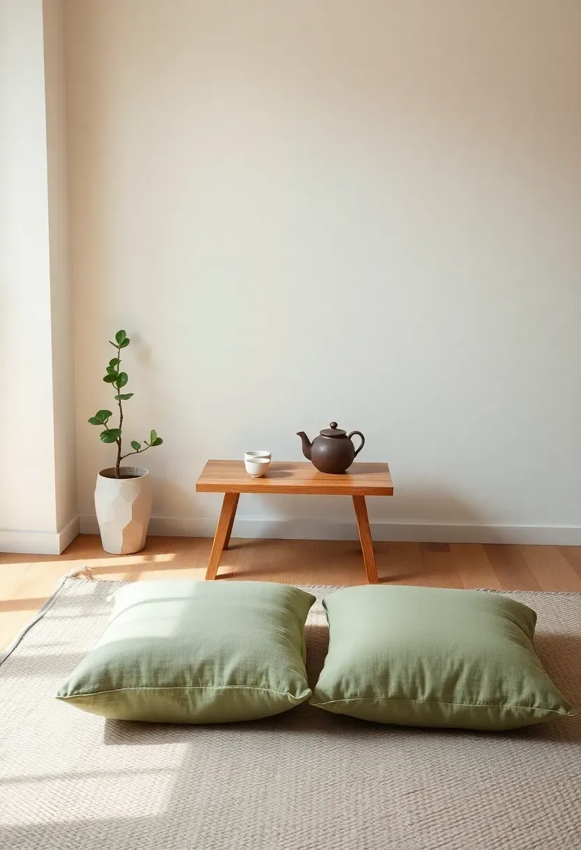 Hyper-realistic 3/4 view of a minimalist Japandi living room corner featuring low wooden tea table, two linen floor cushions, ceramic teapot, small tea cups, potted plant. Materials: warm white walls, light oak table, sage green linen cushions, white ceramic tea set, wool rug. Soft natural daylight, gentle shadows, intimate and ritualistic atmosphere. Clean composition with intentional negative space, sharp ceramic and wood textures, no clutter, no text, no watermarks.</p>