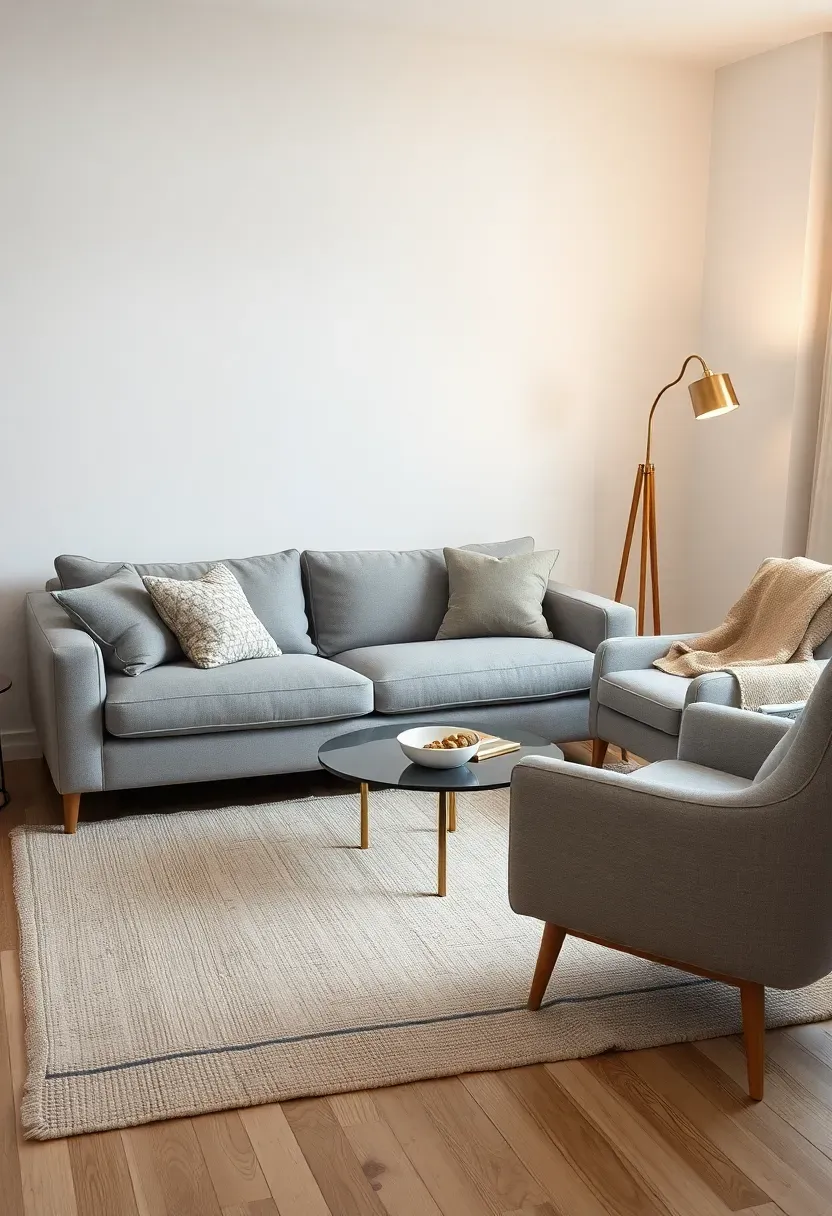 Hyper-realistic 3/4 view of a harmonious beige and gray Scandinavian living room. Medium gray sofa with beige and gray textured pillows. Beige wool rug with subtle pattern. Light gray armchair with beige throw blanket. White walls, light oak floor. Round glass coffee table. Floor lamp with brass accents. Warm ambient lighting, serene balanced mood. Materials: gray cotton, beige wool, glass, brass, light oak. Soft diffused light, shallow depth of field, sharp details on textiles, visible room context, no text, no logos.</p>