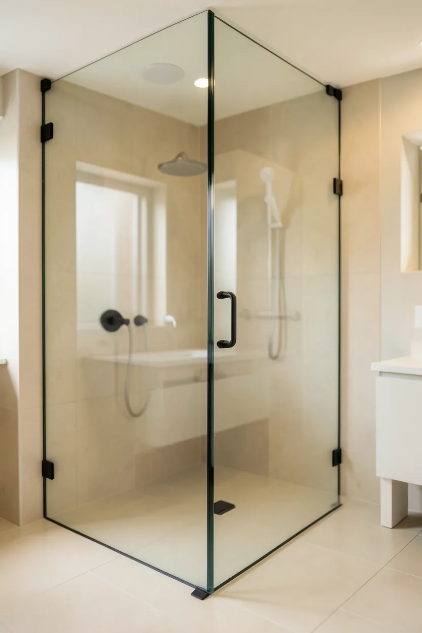Frameless glass partition separating shower from main bathroom area while preserving open sightlines