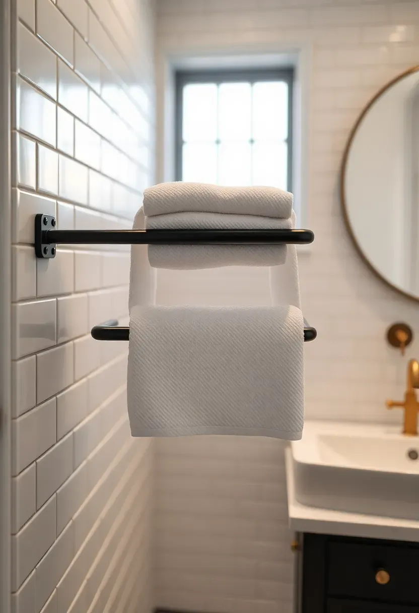 Matte black wall-mounted electric towel warmer with white fluffy towels in a modern rental bathroom