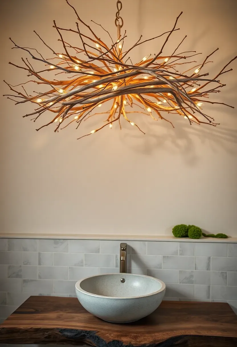 Organic twig and branch chandelier with natural wood branches and small LED bulbs in a nature-inspired bathroom