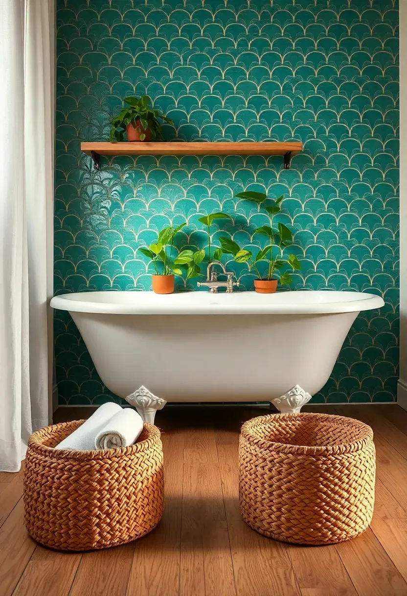 Fish scale tile accent wall in glossy teal behind a white bathtub in a bohemian style bathroom with plants
