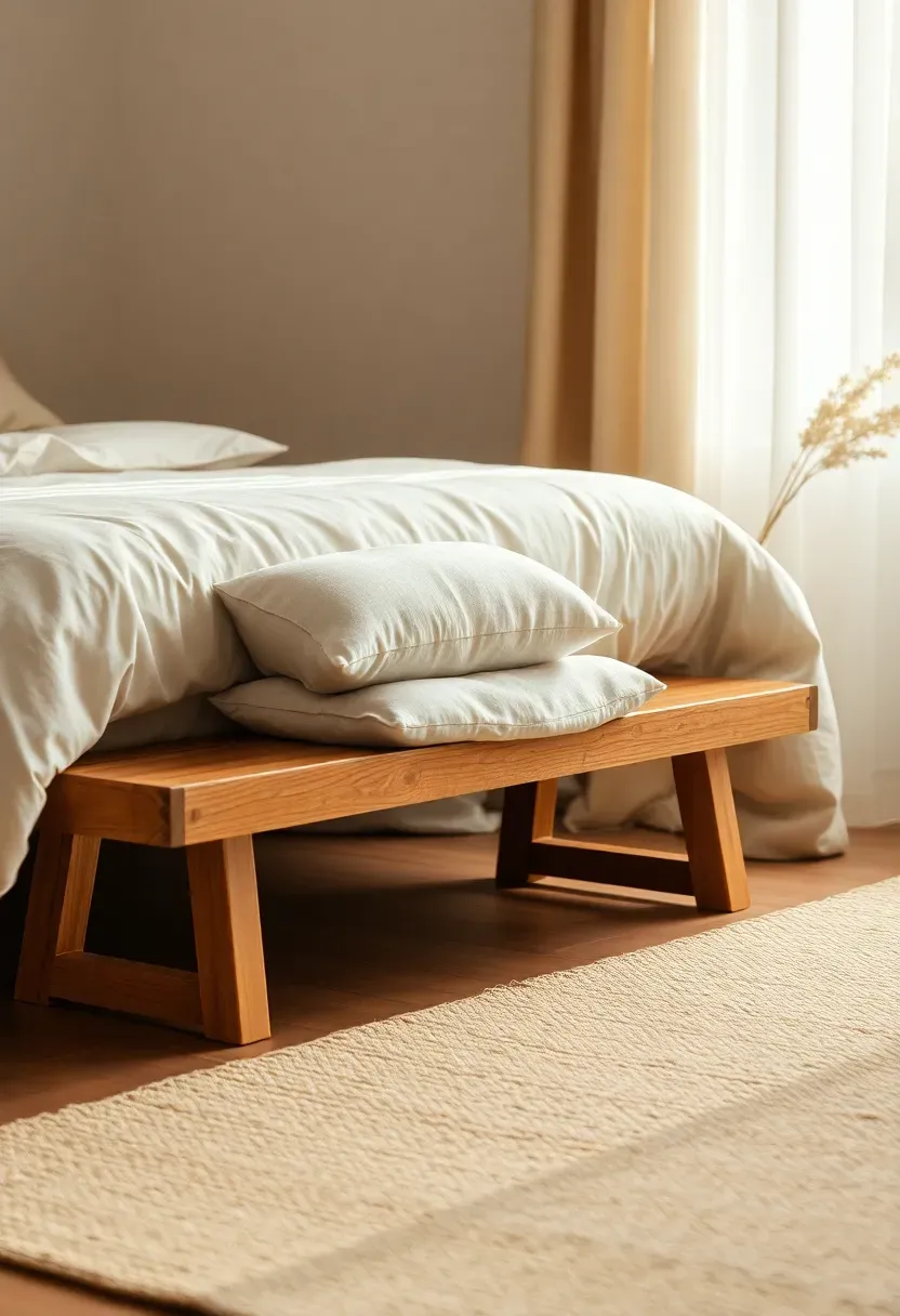Low bench in wood and linen
