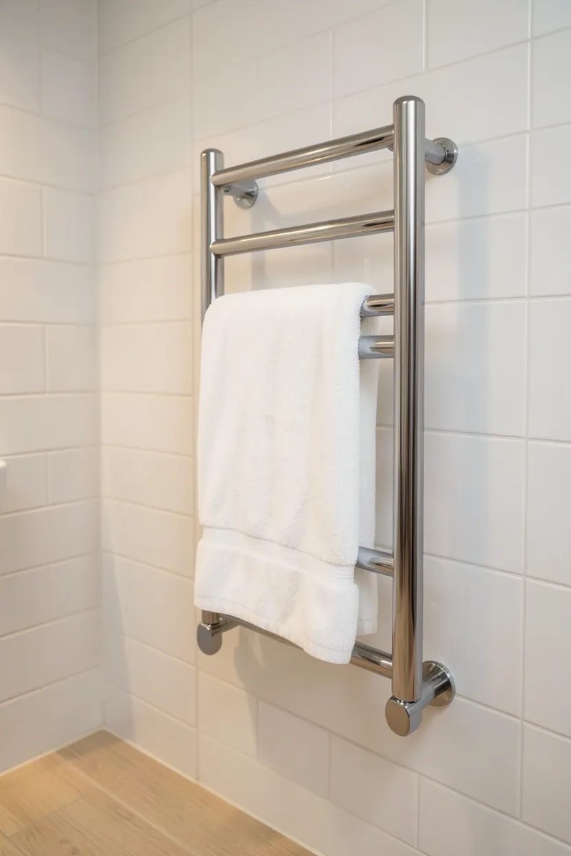 Brushed steel heated towel rail with white fluffy towels mounted on white subway tile wall above light wood bathroom floor