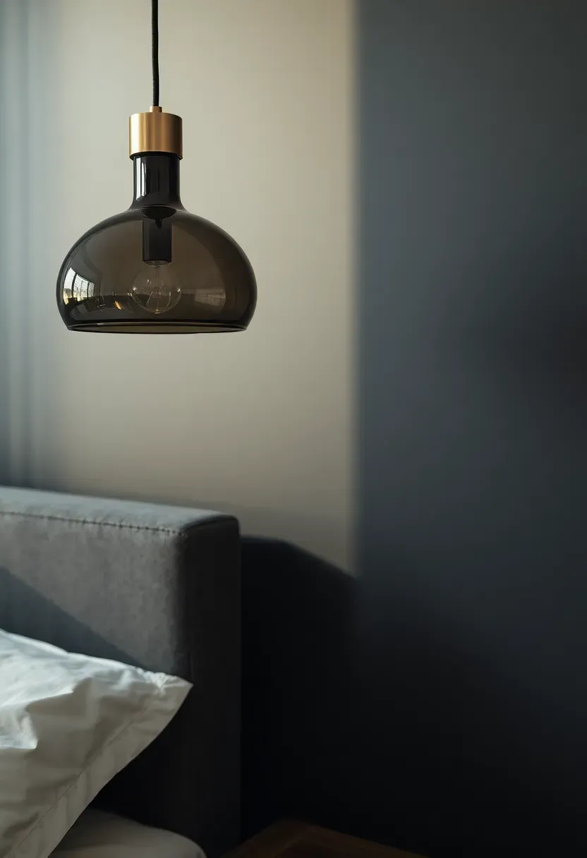 Smoked glass pendant over the nightstand