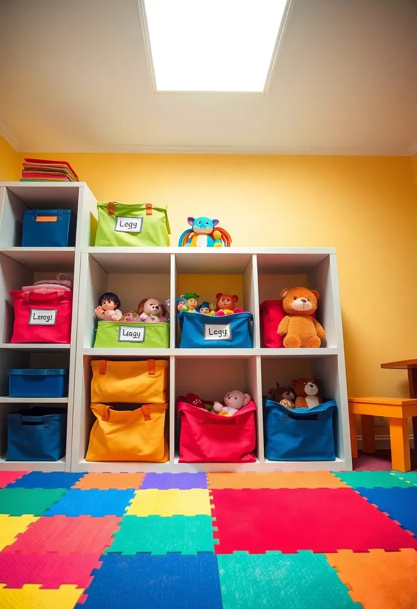 Colorful kids toy storage shelving in a basement playroom with open bins at child height, labeled baskets, and a play mat on the floor
