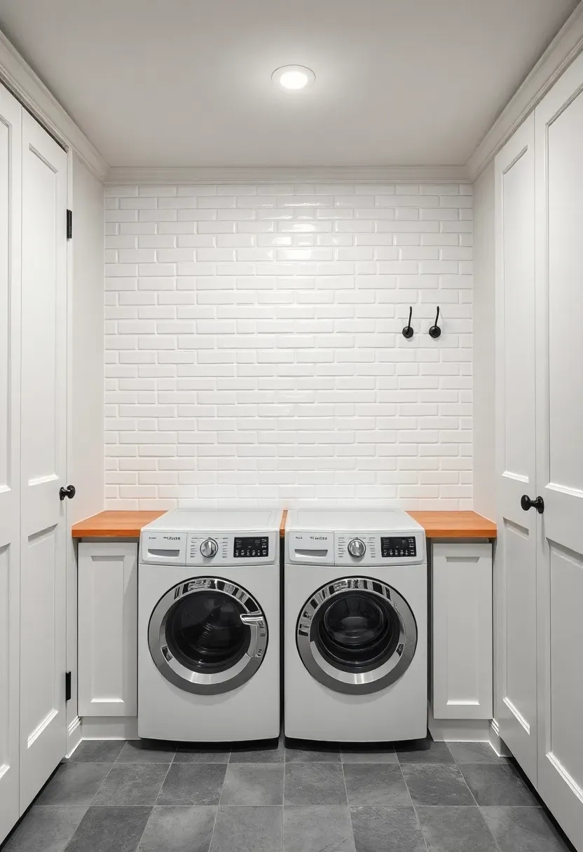 Bright white basement laundry room and mudroom combo with shaker cabinets, subway tile backsplash, bench seating, and coat hooks