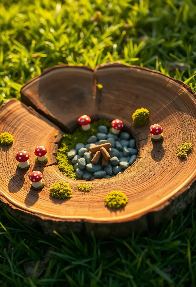 A circle of thick log slices arranged as a fairy ring in a grassy backyard, with tiny mushroom figurines, moss patches, and a small bonfire pit made of pebbles in the center