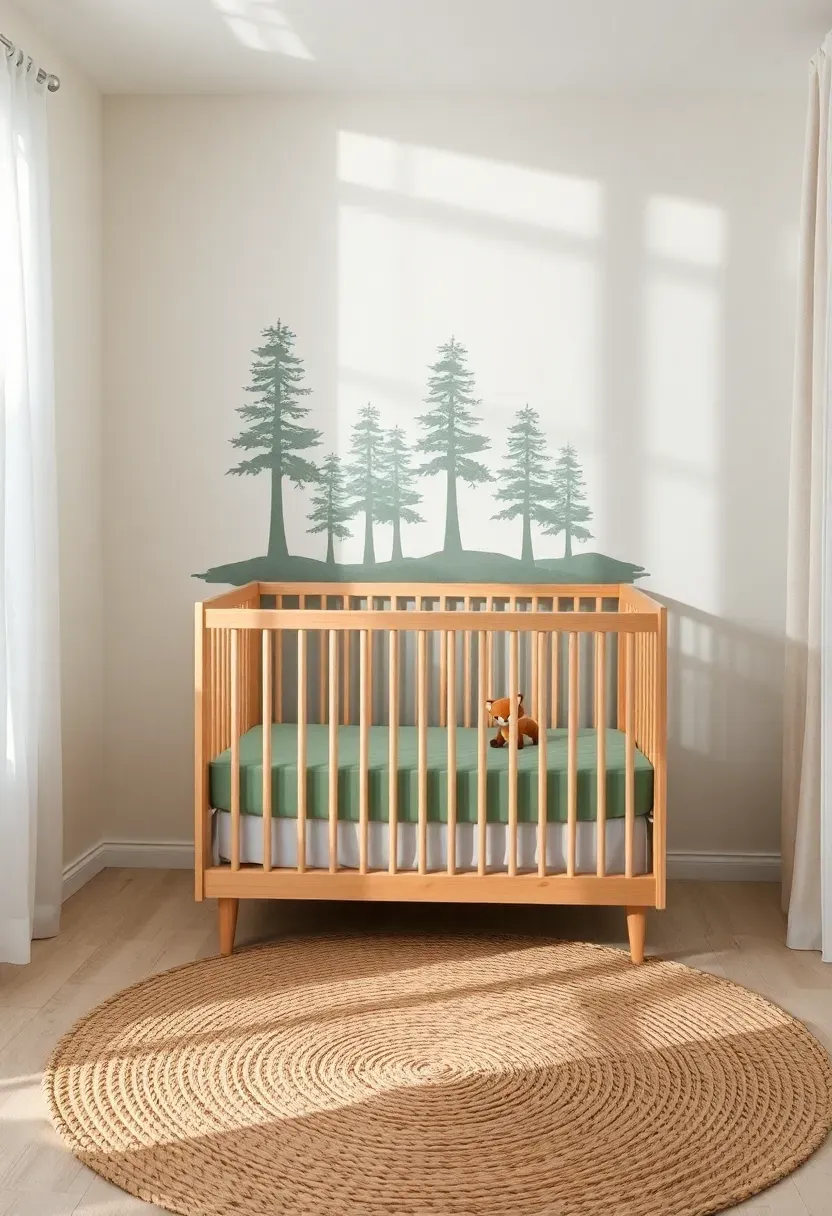 woodland themed boy nursery with forest animal wall decals pine tree mural and natural textures