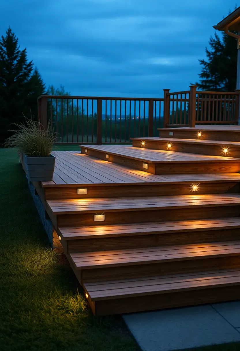 Multi-level tiered backyard deck stepping down a gentle slope with integrated planters and stair lighting at dusk