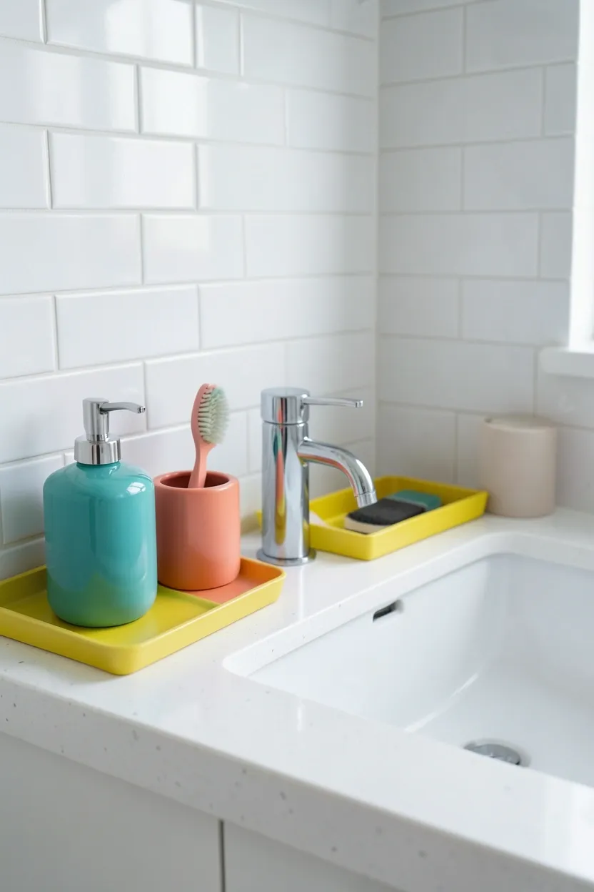 Hyper-realistic eye-level photograph of a modern colorful bathroom vanity countertop featuring colorful accessories including teal soap dispenser, coral toothbrush holder, yellow tray with toothbrush, white quartz countertop, white undermount sink, chrome faucet, white subway tile walls. Natural light. Materials: teal ceramic dispenser, coral ceramic holder, yellow ceramic tray, white quartz, white ceramic sink, chrome fixtures, white ceramic tiles. Curated colorful accessory collection. Vibrant color accents. Clean modern aesthetic. No text, no logos, no watermarks.