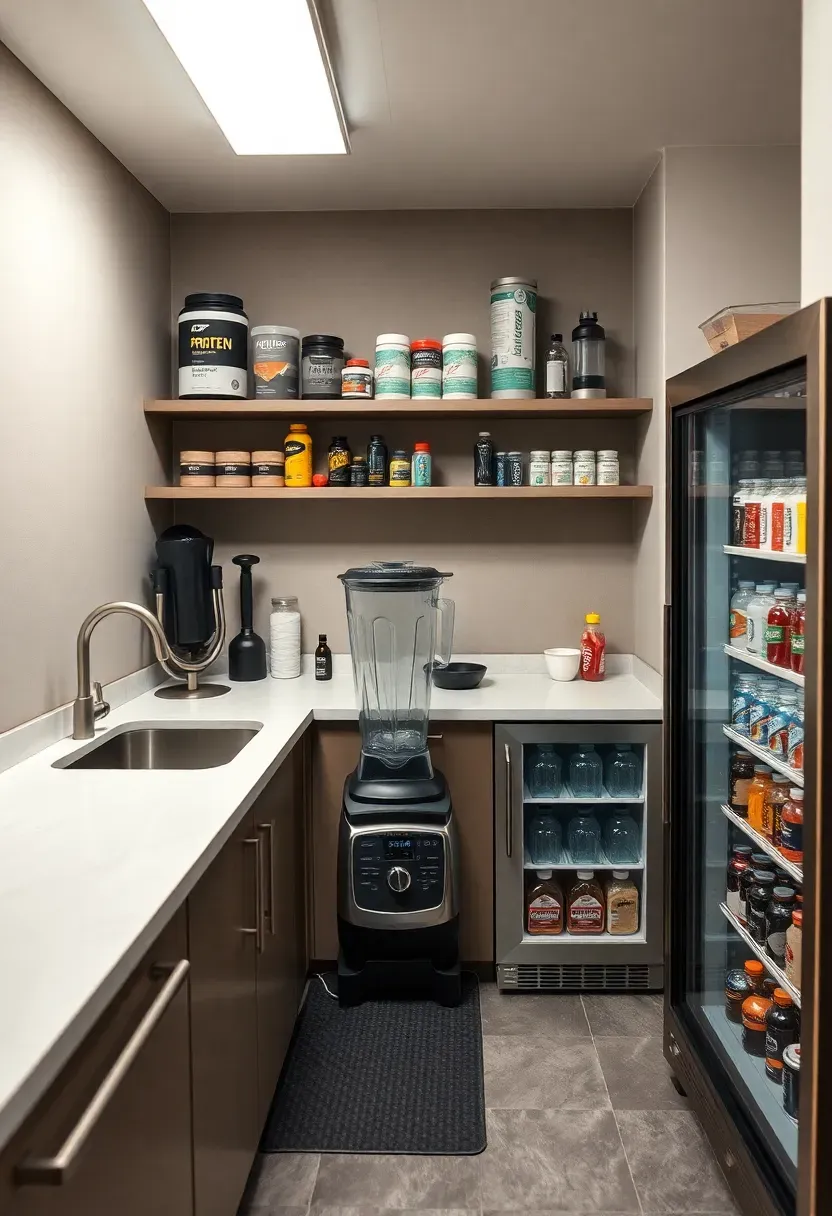 Basement home gym with an adjacent small kitchenette featuring a blender station, protein storage shelves, a sink, and a mini fridge with glass door